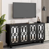 ON-TREND Buffet Cabinet with Adjustable Shelves, 4-Door Mirror Hollow-Carved TV stand for TVs Up to 65