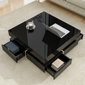 ON-TREND Modern High Gloss Coffee Table with 4 Drawers, Multi-Storage Square Cocktail Tea Table with Wood Grain Legs, Center Table for Living Room, 31.5"x31.5", Black WF314582AAB