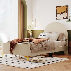 Twin Size Upholstered Platform Bed with Classic Semi-circle Shaped headboard and Mental Legs, Velvet, Beige WF314748AAA