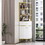 74.8" Tall Modern Corner Bookshelf,Fan-Shaped bookcase with 1 Drawer and 2 Doors,Wooden Standing Corner Shelf with Gold Metal Frame for Living Room,Bedroom,Home Office,White(1.25) WF314777AAK