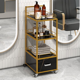 Beauty Salon Storage Trolley Cart, with Lockable Rolling Wheels, Metal Frame Marbled Board, Drawer Barber Salon Furniture, Black WF315414AAB