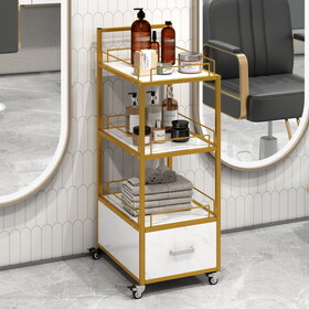 Beauty Salon Storage Trolley Cart, with Lockable Rolling Wheels, Metal Frame Marbled Board, Drawer Barber Salon Furniture, white WF315414AAK