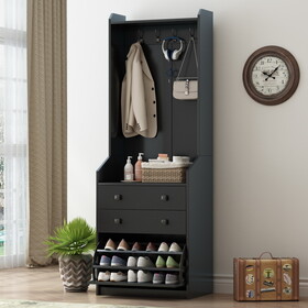 ON-TREND 27.5"W Narrow Hall Tree with Flip Drawer, Multi-functional Coat Rack with 4 Hanging Hooks & Drawers, Adjustable Shoe Storage Cabinet for Hallway, Living Room, Black P-WF315489AAB