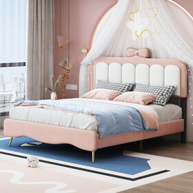 Full size Velvet Princess Bed with bow-knot Headboard,Full Size Platform Bed with Headboard and Footboard,White+Pink WF315549AAH