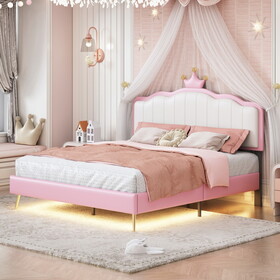 Full size Upholstered Princess Bed with Crown Headboard,Full Size Platform Bed with Headboard and Footboard with Light Strips,Golden Metal Legs, White+Pink WF315551AAH