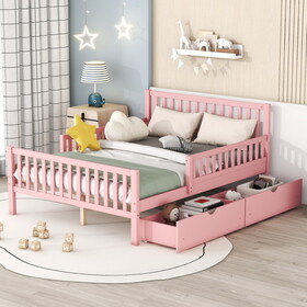 Full Size Wood Platform Bed with Guardrails on Both Sides and Two Storage Drawers, Pink WF315872AAH