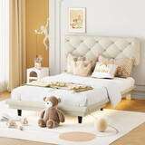 Twin Size Upholstered Bed with Light Stripe, Floating Platform Bed, Linen Fabric,Beige WF315909AAA