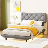 Twin Size Upholstered Bed with Light Stripe, Floating Platform Bed, Linen Fabric,Gray WF315909AAE