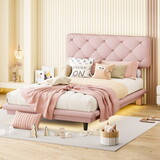 Twin Size Upholstered Bed with Light Stripe, Floating Platform Bed, Linen Fabric,Pink WF315909AAH