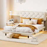 Full Size Upholstered Bed with Light Stripe, Floating Platform Bed, Linen Fabric,Beige WF315910AAA