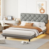 Full Size Upholstered Bed with Light Stripe, Floating Platform Bed, Linen Fabric,Gray WF315910AAE