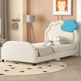 Twin Size Upholstered Platform Bed with Cloud-Shaped Headboard and Embedded Light Stripe, Velvet, Beige P-WF316214AAA