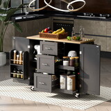 K&K Rolling Kitchen Island with Storage, Kitchen Cart with Rubber Wood Top, 3 Drawer, 2 Slide-Out Shelf and Internal Storage Rack, Kitchen Island on Wheels with Spice Rack & Tower Rack, Black