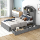 Twin Size Wood Platform Bed with House-shaped Storage Headboard and 2 Drawers, Gray GX000721AAD