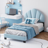 Twin Size Upholstered Velvet Platform Bed with Shell-Shaped Headboard, Blue P-WF317100AAC
