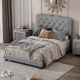 Full Size Upholstered Bed Frame with Rivet Design, Modern Velvet Platform Bed with Tufted Headboard,Gray WF307773AAA