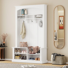 ON-TREND 47.2" Wide Hall Tree with Bench and Shoe Storage, Multi-functional Storage Bench with 3 Hanging Hooks & Open Storage Space, Rectangle Storage & Shelves Coat Rack for Hallway, White