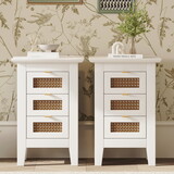 Wooden Nightstands Set of 2 with Rattan-Woven Surfaces and Three Drawers, Exquisite Elegance with Natural Storage Solutions for Bedroom, White