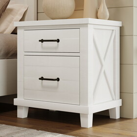 Rustic Farmhouse Style Solid Pine Wood Whitewash Two-Drawer Nightstand for Bedroom, Living Room, White P-BS318545AAK