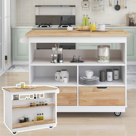 Rolling Kitchen Island with Storage, Two-sided Kitchen island Cart on Wheels with Rubber Wood Top, Wine and Spice Rack, Large Kitchen Cart with 2 Drawers, 3 Open Compartments, White WF318694AAW