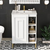 24inch White Bathroom Vanity Sink Combo for Small Space, Modern Design with Ceramic Basin, Gold Legs and Semi-open Storage (Faucet Not Included) SV000012AAK