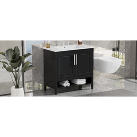 36" Bathroom Vanity with Sink, Multi-functional Bathroom Cabinet with Doors and Drawers, MDF Frame and MDF Board, Black WF319758AAB