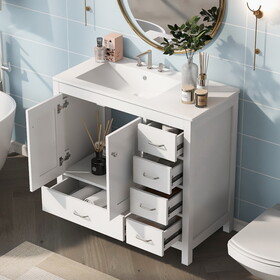 36" White Bathroom Vanity with Ceramic Sink Combo, Abundant Storage Cabinet -2 Soft-close doors and 5 drawers WF319798AAK