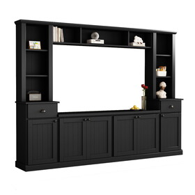 ON-TREND Minimalist Entertainment Wall Unit Set with Bridge for TVs Up to 70", Ample Storage Space TV Stand with Adjustable Shelves, Modernist Large Media Console for Living Room, Black WF320396AAB