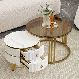 ON-TREND &phi;27.5" & &phi;19.6" Stackable Coffee Table with 2 Drawers, Nesting Tables with Brown Tempered Glass and High Gloss Marble Tabletop, Set of 2, Round Center Table for Living Room, White
