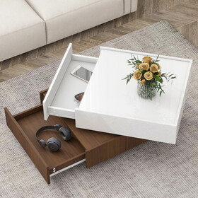 ON-TREND Multi-functional Square 360&#176;Rotating Coffee Table with 2 Drawers, High Gloss 2-Tier Center Table with Swivel Tabletop and Storage, Walnut Table Frame Side Table, White WF321197AAB