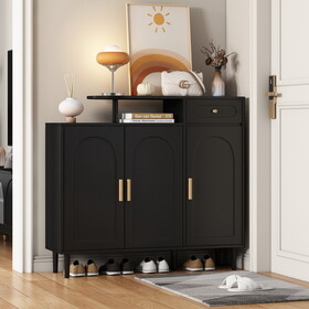 ON-TREND Elegant Shoe Cabinet with Arched Doors and Drawer, Cream Style Storage Sideboard with Adjustable Shelves and Solid Wood Legs for Entryway, Living Room, Black WF321210AAB