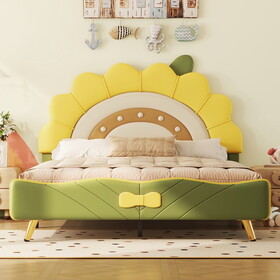 Full Size Upholstered Platform Bed with Sunflower Shaped Headboard, Green