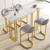 5 pcs Bar Table and Chairs Set, Modern Gold White Table with 4 Velvet Cushion Bar Stools, Kitchen Counter High Top Table, Breakfast Table Set, Space Saving Table, Gold Frame WF321656AKG