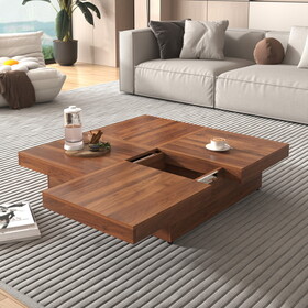 Square Marble Veneer Coffee Table Sliding Top with Storage in Walnut 39.4"