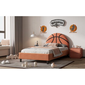 Basketball Design Upholstered Twin Platform Bed Sport Style Bed for Boys & Girls, Teens, Orange P-WF317595AAZ