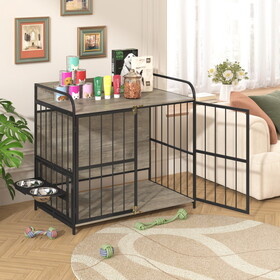 GO 39" Indoor Metal Dog Crate with Double Doors, Wooden Side End Table Crate, Dog Crate Furniture with Adjustable Feeder Stand, for Medium Dog, Gray