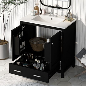 30" Black Bathroom Vanity with Single Sink, Combo Cabinet Undermount Sink, Bathroom Storage Cabinet with 2 Doors and a Drawer, Soft Closing, Multifunctional Storage, Solid Wood Frame