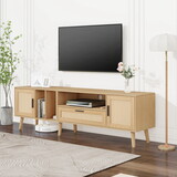 Rattan TV Stand with 2 Cabinets & 2 Open Shelves, Rattan-inspired Media Console Table for TVs up to 80