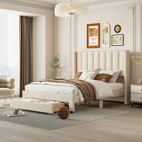 Full Size Storage Bed Velvet Upholstered Platform Bed with a Big Drawer - Beige WF324840AAA