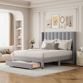 Full Size Storage Bed Velvet Upholstered Platform Bed with a Big Drawer - Gray WF324840AAE