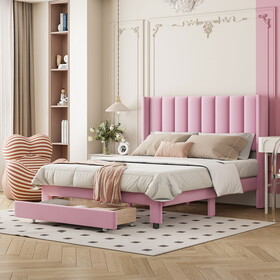 Full Size Storage Bed Velvet Upholstered Platform Bed with a Big Drawer - Pink WF324840AAH