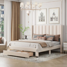 Queen Size Storage Bed Velvet Upholstered Platform Bed with a Big Drawer - Beige WF324841AAA
