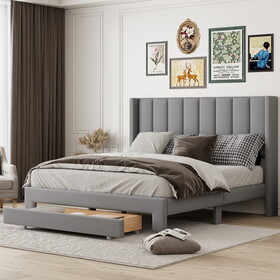 Queen Size Storage Bed Velvet Upholstered Platform Bed with a Big Drawer - Gray