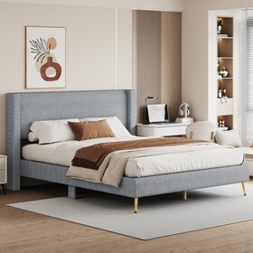 Queen Size Corduroy Platform Bed with Metal Legs, Gray