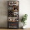 82.7" Industrial Tall Black Bar Wine Rack Cabinet with Glass Holder Wood Home Bar Cabinet