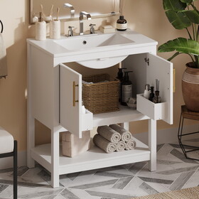 30-inch White Bathroom Vanity with Ceramic Sink and Versatile Storage - Ideal for Small Bathrooms WF325888AAK