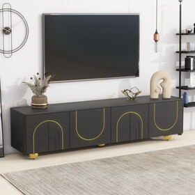 U-Can Modern TV Stand for TVs up to 75 inches, Entertainment Center with Storage Cabinets and 1 Adjustable Shelf, Media Console with Marble-patterned Top and Golden Round Metal Legs for Living room