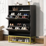 U-Can Shoe Cabinet with 2 Flip Drawers, and 2 Shelves, Modern Free Standing Shoe Rack for Heels, Boots, Slippers,Shoe Storage Cabinet for Entryway, Hallway, Living Room, Black