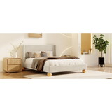 Modern Velvet Upholstered Platform Bed with Wingback Headboard and Round Wooden Legs, Cream,King Size
