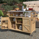 K&K Outdoor Kitchen Island, Rolling Bar Cart & Storage Cabinet, Farmhouse Solid Wood Outdoor Grill Table with Stainless Steel Top, Spice Rack, Towel Rack for Kitchen & BBQ, Natural